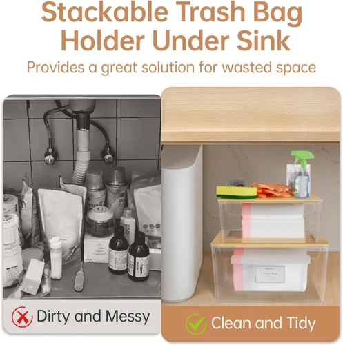 Miniatura 5 de COAZEX Paquete de 2 soportes para bolsas de basura apilables debajo del fregadero, dispensador de basura de plástico con tapa, dispensador