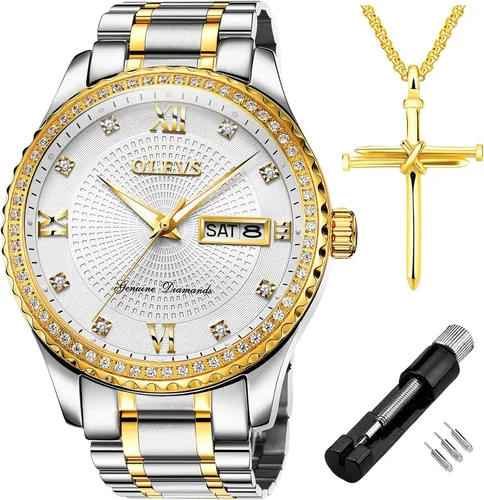 Miniatura 47 de OLEVS - Relojes de diamantes para hombres, relojes de vestir a prueba de agua, relojes analógicos de cuarzo de lujo con calendario de fecha y correa
