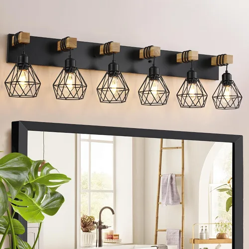 Miniatura 14 de Lámparas blancas para tocador de baño, luminarias de baño de madera de 2 luces sobre el espejo, apliques rústicos de pared con elegante pantalla