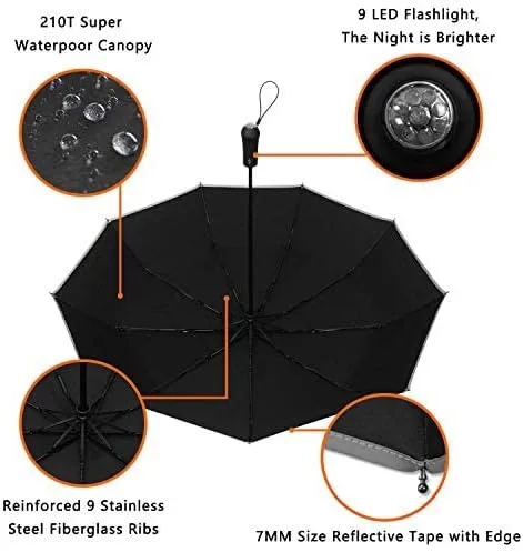 Miniatura 6 de LEAGERA Windproof Compact Umbrellas for Rain with LED Light Flashlight Umbrella, Oversized Travel Folding Umbrella Reflective Stripes Automatic