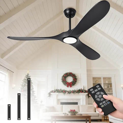 Ventiladores de techo de 52 pulgadas con luces y control remoto, ventilador de techo de madera para exteriores con motor de CC silencioso de 6 Negro