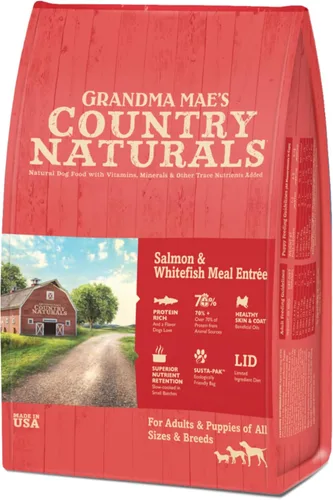 Grandma Mae's Country Naturals Alimento seco para perros, salmón, pescado blanco y arroz integral, cocción lenta y rica en nutrientes, fabricada en