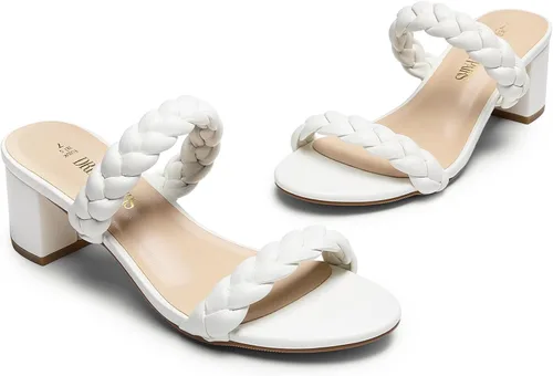 Miniatura 3 de DREAM PAIRS Zapatos de tacón bajo con dos correas trenzadas para mujer, puntera abierta, tacón grueso, sandalias de tacón grueso, para fiestas