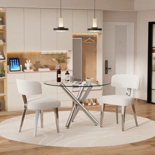 Miniatura 15 de Juego de mesa de comedor redonda para 2, mesa de cocina de 3 piezas y sillas Boucle para 2, juego de mesa de comedor redonda de 36 pulgadas con 2