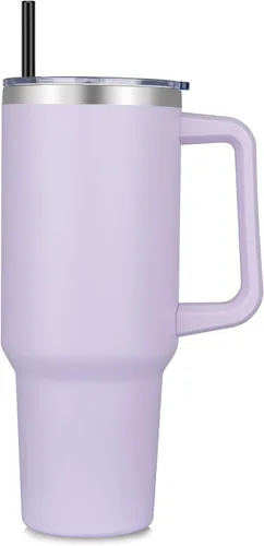 Miniatura 18 de DOMICARE Vaso de 40 oz con asa y pajita, vaso de acero inoxidable con tapa y pajita, reutilizable, aislado al vacío, taza para café de viaje