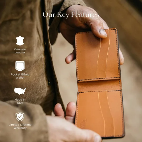 Miniatura 3 de TANNER GOODS Billetera de cuero para hombre, estilo tradicional, con 4 ranuras para tarjetas, sección de notas planas. Billetera de bolsillo