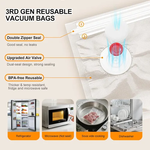 Miniatura 4 de Máquina Selladora al Vacío Compacta para Almacenamiento de Alimentos, Selladora al Vacío Rápida de 5S Potente con 30 Bolsas al Vacío Reutilizables