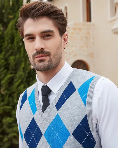 Miniatura 4 de Kallspin Suéter tipo chaleco con rombos para hombre, mezcla de lana, cuello en V, sin mangas
