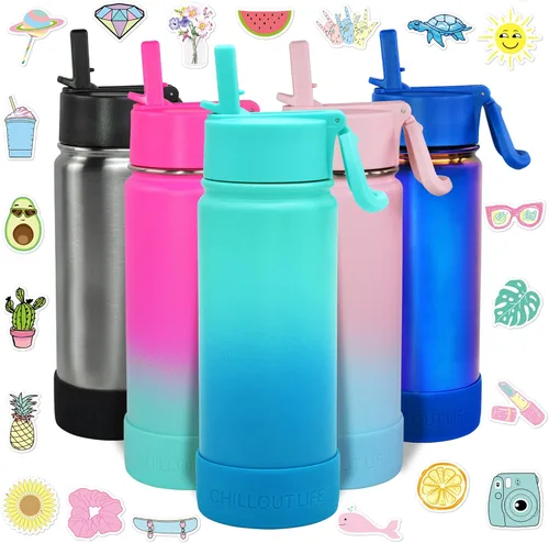 Miniatura 26 de CHILLOUT LIFE - Botella de agua aislada de 17 onzas con tapa con pajilla para niños, a prueba de fugas y bonitas calcomanías impermeables, termo