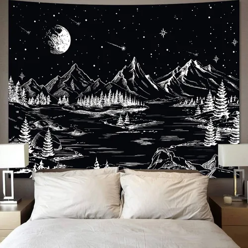 Miniatura 2 de Apdidl Tapiz en blanco y negro de noche estrellada, tapices de montaña para dormitorio, tapiz estético de luna y estrellas, tapiz de pared
