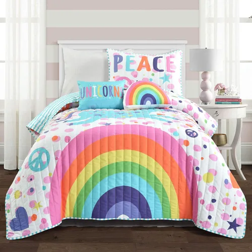 Lush Decor Juego de edredón de unicornio arcoíris tamaño individual de 4 piezas, color blanco y multicolor, juego de ropa de cama para niños Pieza y