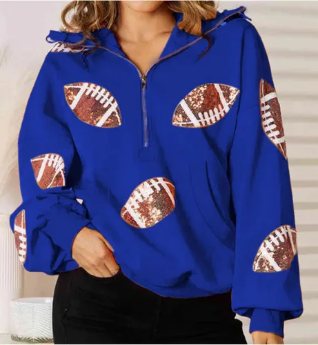 Miniatura 27 de SeekMe Sudaderas con capucha de lentejuelas para mujer, para el día del partido, suéteres de manga larga con cremallera y bolsillo