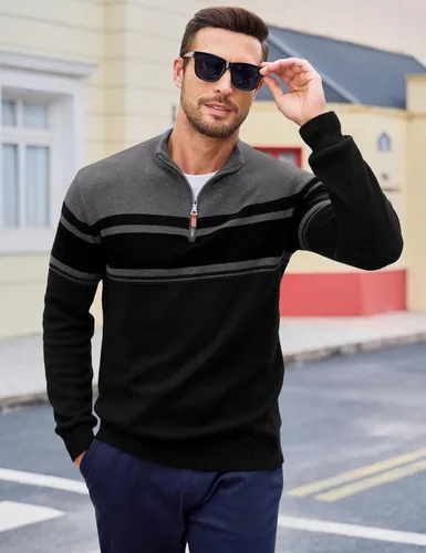 Miniatura 52 de MAGCOMSEN Suéteres de algodón con cremallera de 1/4 para hombre, suéter tipo polo, a rayas, para otoño e invierno, sudaderas cálidas