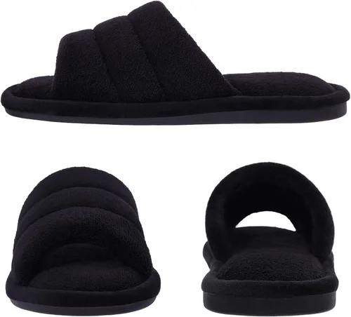 Miniatura 3 de shevalues Pantuflas de tela de rizo con punta abierta para mujer, pantuflas de espuma viscoelástica