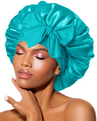 Miniatura 23 de Gorro de satén de seda para dormir con banda ancha para cabello rizado, color rosado oro rosa claro