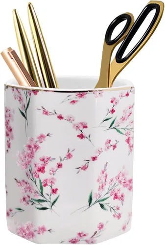 Miniatura 3 de Soporte para bolígrafo para escritorio, con patrón floral, taza de lápices para niñas, niños, organizador de escritorio de cerámica duradero, Rosa