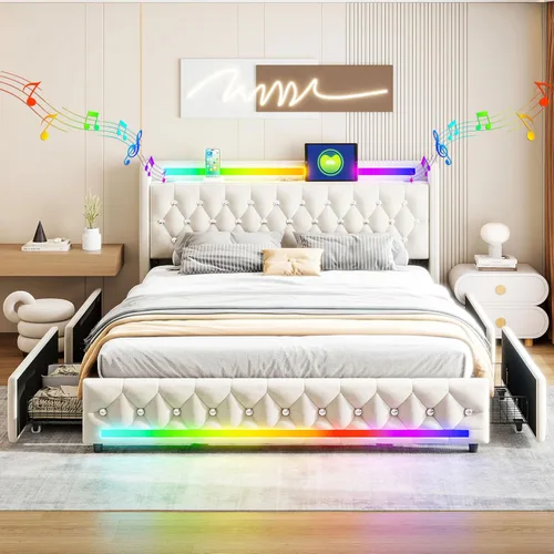 Cama reproductor de música con altavoces Bluetooth, cama inteligente tamaño Queen, iluminación LED multicolor, puertos de carga USB y tipo C, 4