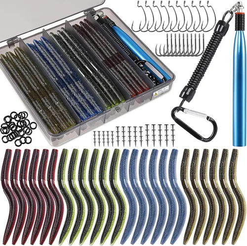 PLUSINNO - Kit de señuelos de pesca Wacky Worm, señuelos de pesca de plástico suave, cebos de lombrices para anzuelo, aparejo loco para pesca de