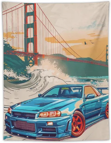 QEOPGNE Tapiz grande para colgar en la pared, diseño de puente de puerta dorada, grandes olas, japonés, retro, Jdm, auto, R34, tapiz para 2-Estilo: