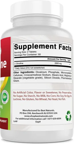 Miniatura 7 de Best Naturals L-Citrulina 2000 mg/porción - Sin OMG - Sin gluten - 120 tabletas (120 unidades (paquete de 1))