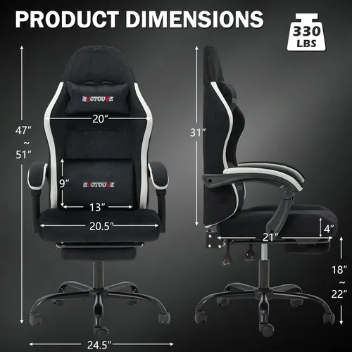 Miniatura 3 de ECOTOUGE Silla de tela para videojuegos, silla de videojuegos con reposapiés y soporte lumbar, altura ajustable, silla de oficina para el hogar
