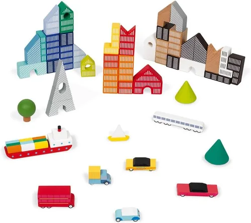 Miniatura 5 de Janod - 60 bloques Kubix de madera + rompecabezas de ciudad de cartón - 3 años + J08304