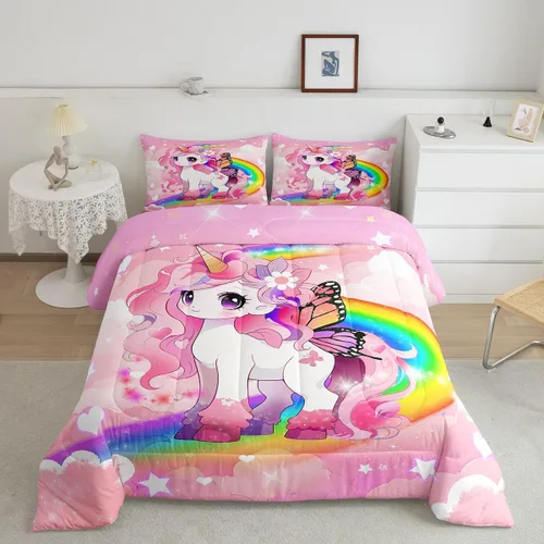 Miniatura 16 de Feelyou Juego de ropa de cama de unicornio para niñas, bonito edredón con purpurina de unicornio de dibujos animados arco iris para niños, juego