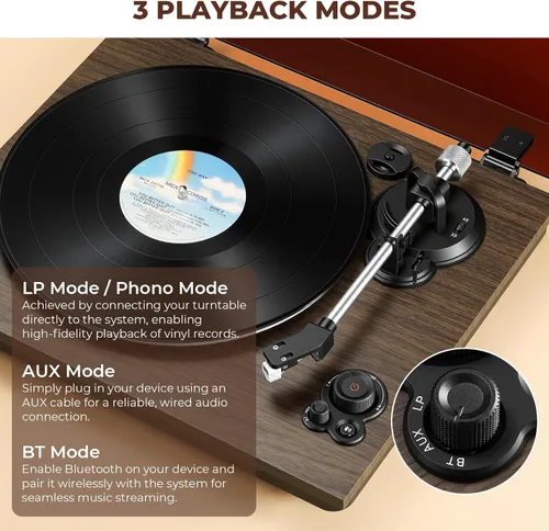 Miniatura 4 de GLENCREAG Reproductor de discos de vinilo con cartucho Audio Technica AT-3600L, tocadiscos Bluetooth con altavoces externos de 60 W para reproductor