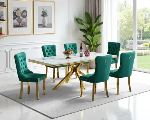 Miniatura 14 de Juego de mesa de comedor de mármol para 6, mesa de cocina rectangular de mármol blanco de 70 pulgadas con patas en X de acero inoxidable dorado