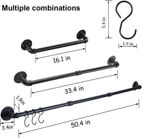 Miniatura 6 de Toallero industrial para toallero, barra de toalla negra de 50.4 pulgadas con 3 ganchos, soporte para toallas de baño de montaje en pared, accesorio