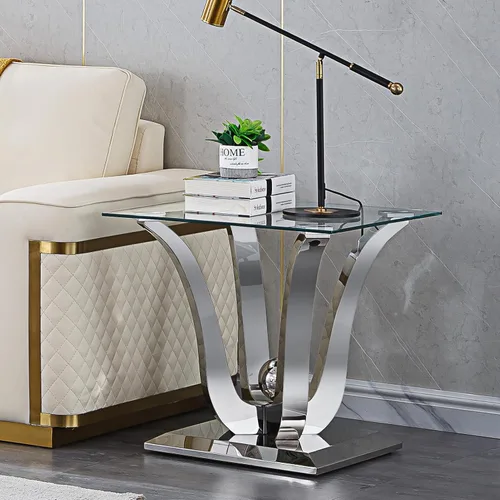 Miniatura 57 de SSLine Mesa auxiliar de cristal de lujo para sala de estar, mesa auxiliar moderna dorada con base de pedestal de acero inoxidable en forma de flor