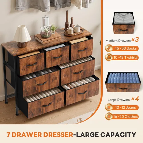 Miniatura 5 de Sweetcrispy Cómoda de 7 cajones con contenedores de tela, organizador de torre para dormitorio, armario, pasillo, entrada, cómoda alta con marco