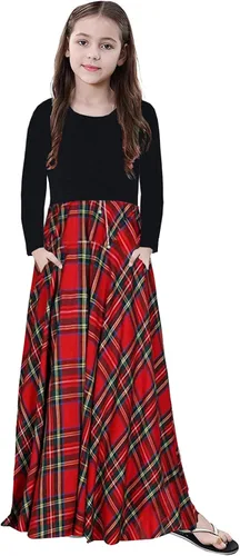 KYMIDY - Vestido largo para niña, casual, a cuadros estilo Buffalo, de manga larga, con bolsillos (para niñas de 6 a 14 años)