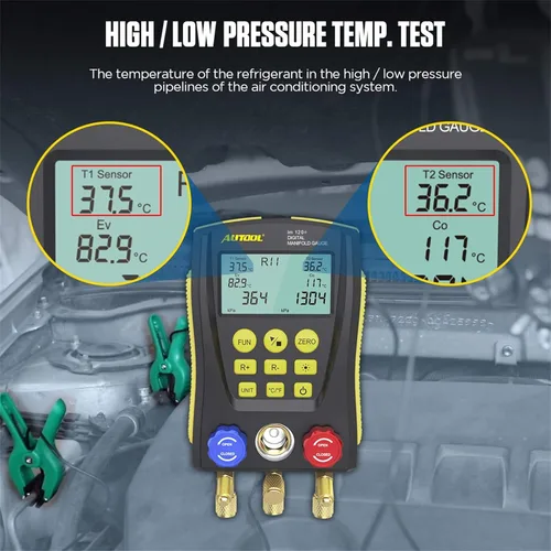 Miniatura 4 de Medidor de colector digital de refrigeración, kit de probador de temperatura de presión de vacío HVAC con clip de prueba y tubería para probar