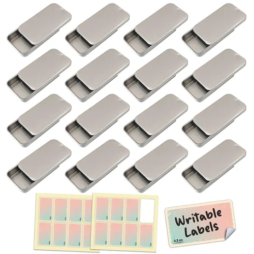 Recipientes de lata deslizantes para bálsamo labial, perfume sólido (0.5 onzas, paquete de 16 unidades, con etiquetas) – Pequeñas cajas vacías de