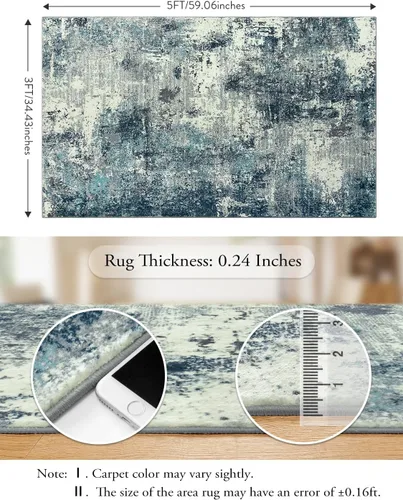 Miniatura 6 de Lahome - Alfombra abstracta de 3 x 5 pies, alfombra lavable azul gris para entrada sin deslizamiento, alfombra moderna de pelo bajo y suave