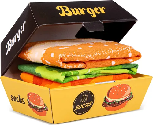 AGRIMONY Divertida caja de calcetines de hamburguesa de comida Calcetines divertidos de comida para cumpleaños, regalos de Navidad para hombres,