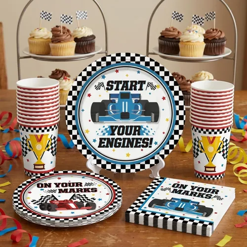 Miniatura 5 de Juego todo en uno de 195 piezas de decoración de fiesta de cumpleaños de coche de carreras, juego de platos y servilletas con pancarta, telón