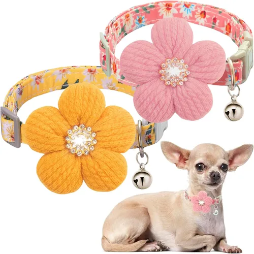 Miniatura 14 de Collar para perro mediano con flor, collares de perro para perros medianos Collar para niña Collar de perro lindo con campana, longitud ajustable