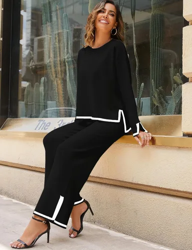 Miniatura 7 de Faleave Conjunto de 2 piezas de punto para mujer, suéter de manga larga, sin botones, pantalones de pierna ancha, conjunto de ropa deportiva