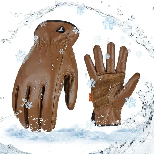 Miniatura 6 de Vgo... 2 pares de guantes de trabajo y conductor de cuero de vaca de invierno con forro de 32 ℉ o superior (talla XL, crema, CA9501F)