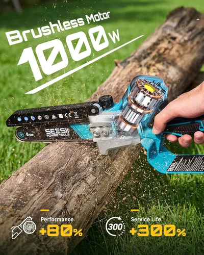 Miniatura 3 de SEESII Mini motosierra sin escobillas de 6 pulgadas, sierra de mano con 2 baterías de 2000 mAh, motosierra inalámbrica con engrasador automático