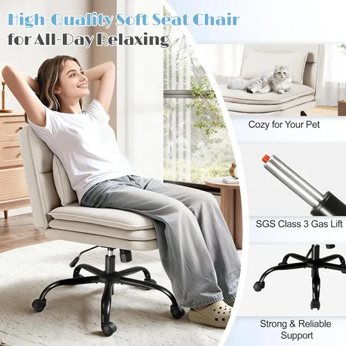 Miniatura 4 de Furmax Silla de Oficina con Patas Cruzadas con Ruedas, Asiento Extra Ancho Sin Brazos Silla de Escritorio Giratoria, Altura Ajustable Silla