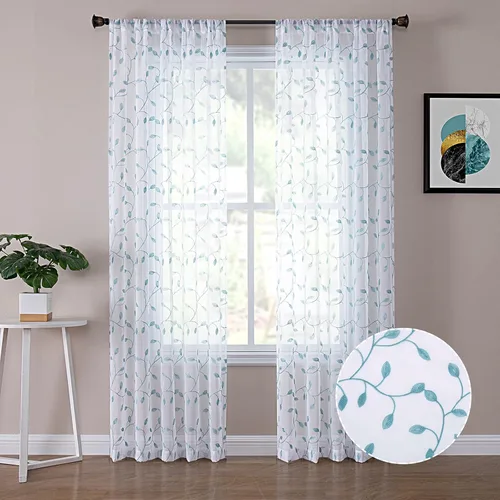 Miniatura 29 de Tollpiz Cortinas Cortas Transparentes de Hojas con Bordado de Hojas Grises, Cortinas de Dormitorio con Bolsillo para Barra, Voile de Lino Sintético