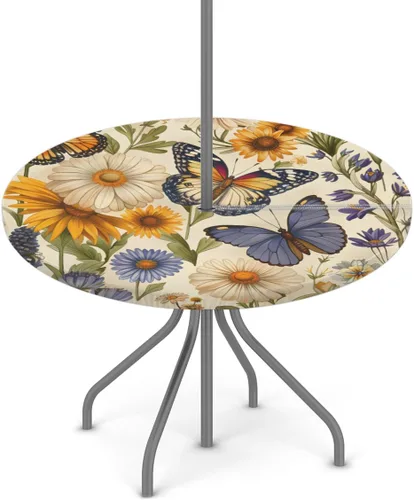 Miniatura 28 de Mantel redondo para exteriores con agujero para paraguas, mantel de temporada con margaritas para exteriores, con cremallera, impermeable, mantel