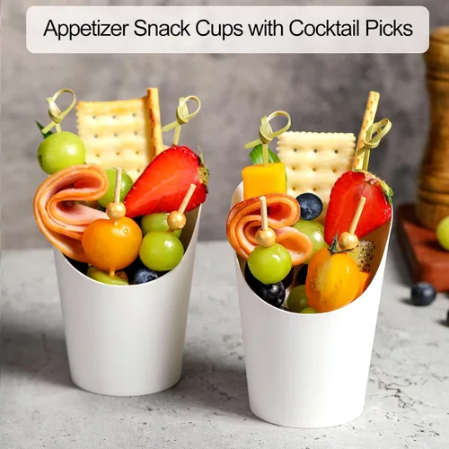 Miniatura 2 de 60 juegos de tazas desechables de charcutería con palillos y bolsas, 14 oz, cajas de aperitivos blancas de papel kraft, tazas para papas fritas