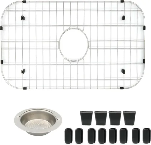 Rejilla para fregadero de cocina 26-1/8"x14-1/4" - Protector de fregadero de cocina resistente con colador integrado y drenaje central, pies de goma