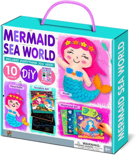 C.S. Kids My Mermaid Sea World 4 en 1 DIY Mega Kit para niños (10 proyectos de artes y manualidades: Kits de costura para muñeca y llavero, Scratch