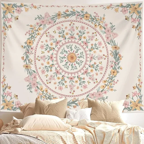 Miniatura 7 de Neasow Tapiz bohemio para colgar en la pared, tapiz floral beige y blanco con estampado de medallón, decoración bohemia para dormitorio, blanco