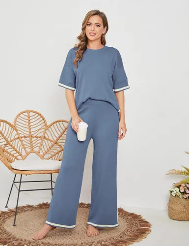 Miniatura 3 de Tanming - Conjuntos de suéter para mujer, 2 piezas, conjuntos de lounge, tops de punto de manga corta, pantalones de pierna ancha
